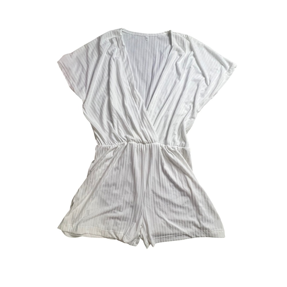 Unbranded White Ribbed Surplice V-Neck Elastic Waist Romper XL